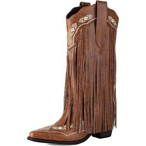 ⚡Women's Brown Embroidered Fringe Pull On Mid Calf Block Heel Pointed Toe